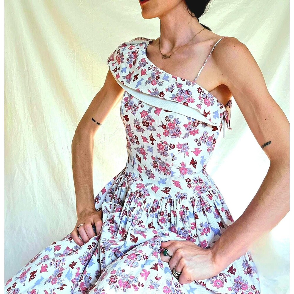 Vtg 1940s Novelty Print Cotton Formal Gown: One Shoulder Floral Maxi Dress S/M - Picture 13 of 14